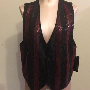 AJNY Sequined Vest Women’s Size Large NEW Dillard’s Black & Wine Color stripes